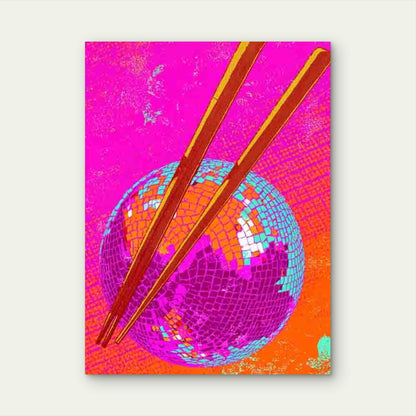 Retro Disco Ball & Chopsticks Metal Print Ready to Hang