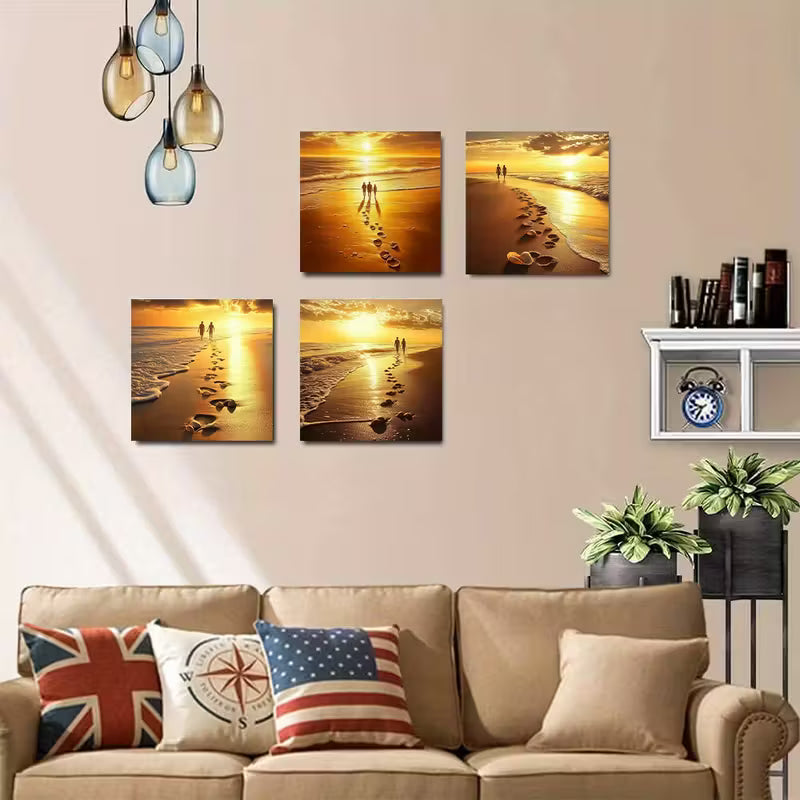 4pcs Golden Sunset Beach Scene With Footprints Wall Art Canvas Framed