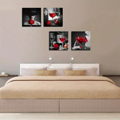 4pcs  Red Rose Wine Glasses  Wall Art Canvas Framed