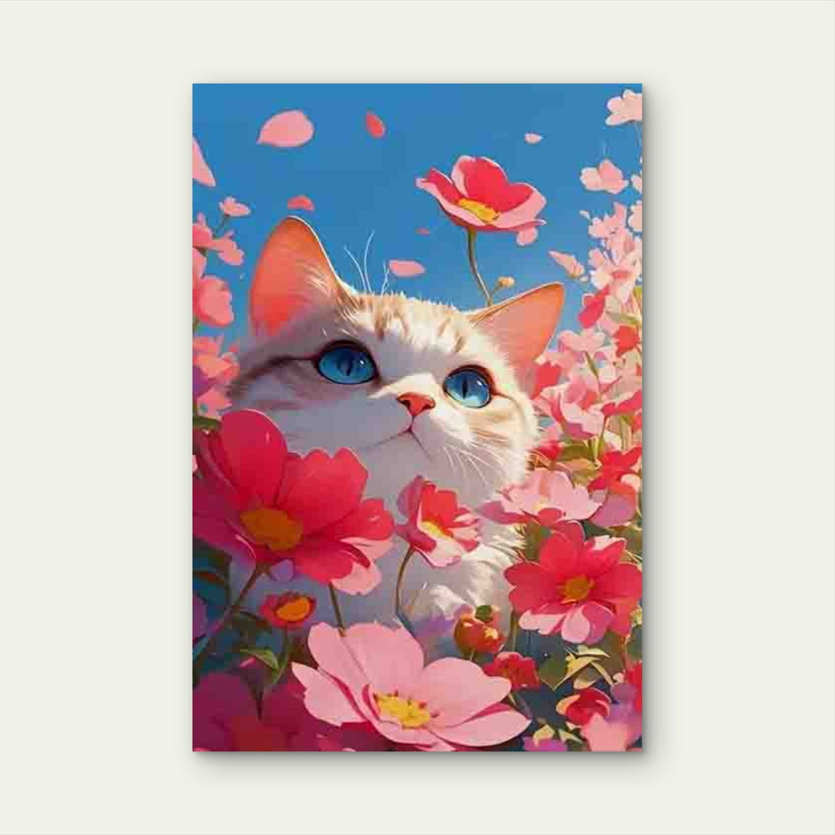 Kitty Among Pink Petals 60x90cm Metal Print Ready to Hang