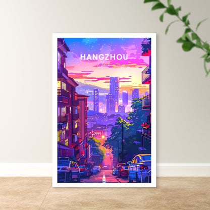 Hangzhou China Vertical Night Skyline Travel Poster Print Wall Art