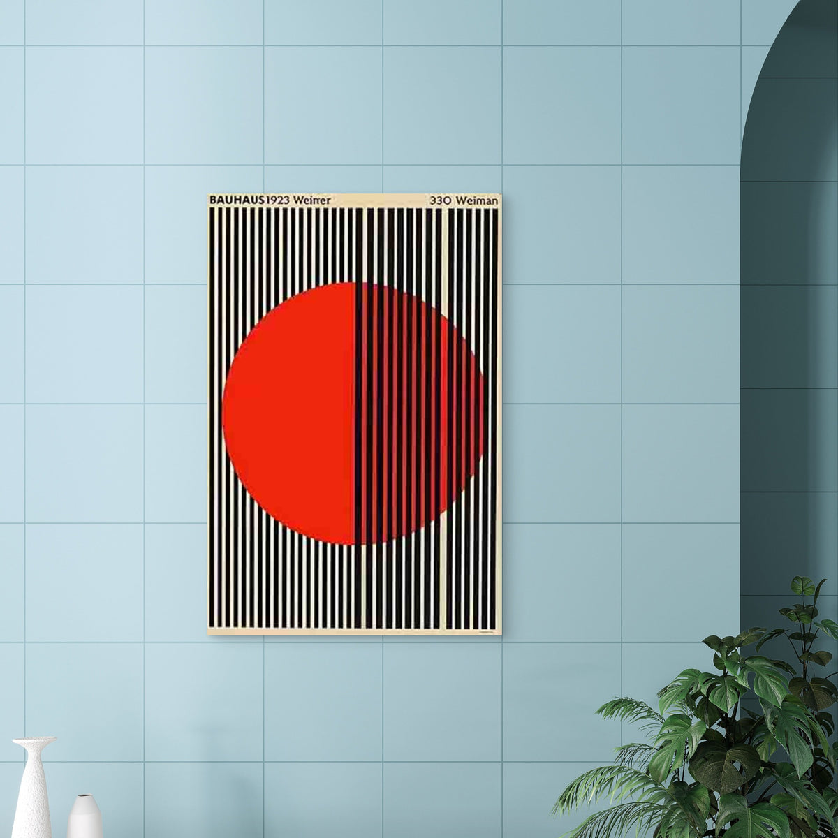 Black Vertical Stripes with Large Red Circles 40x60cm Metal Print Ready to Hang