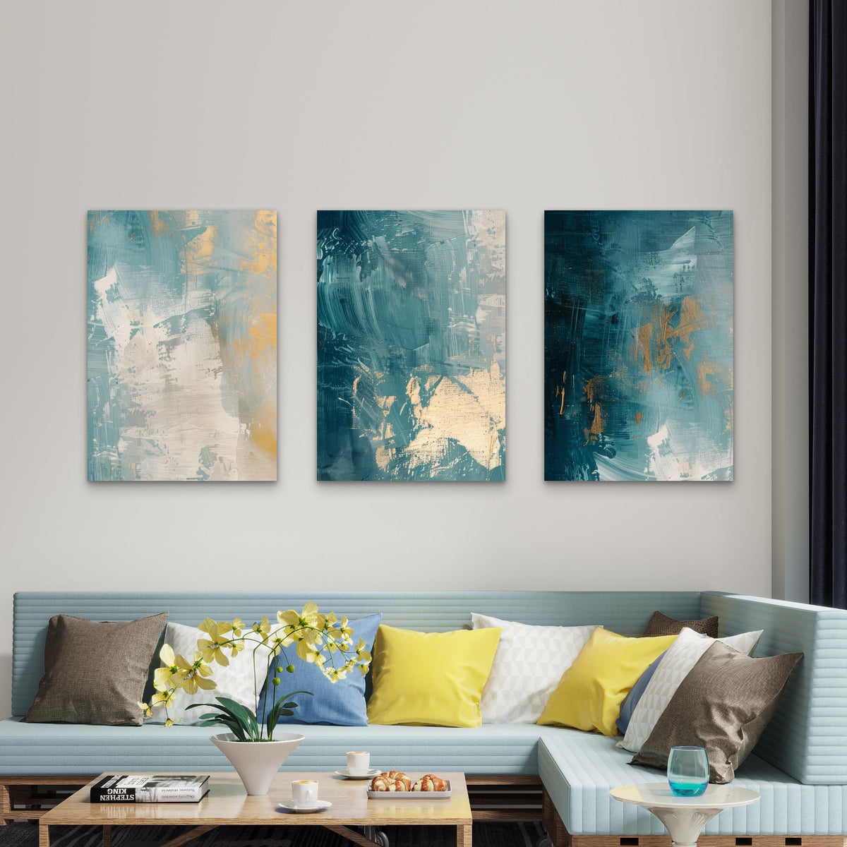 3pcs Navy Teal Gold Abstract Foil Painting Wall Art Set Canvas Framed 50x70cm - High Quality Print 100% Australian Made Wall Canvas Ready to Hang
