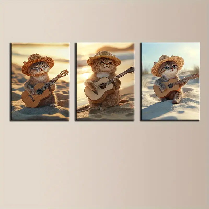 3pcs Guitar Playing Kittens Whimsy Woodland Animals Metal Print Ready to Hang Art