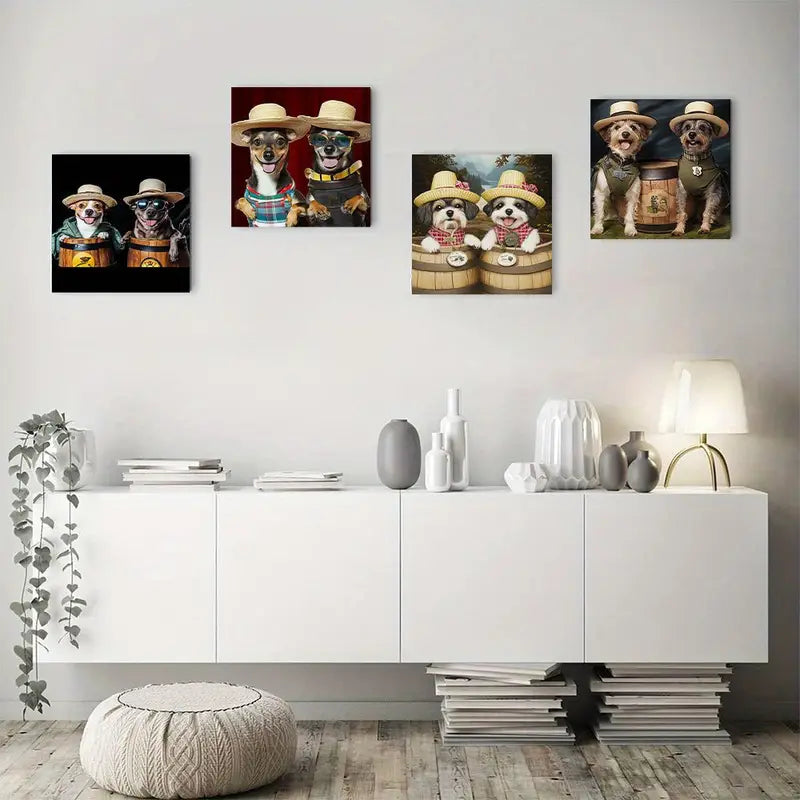 4pcs Funny Dogs With Beer Mugs Wall Art Canvas Framed