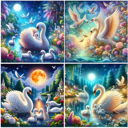 4pcs Swan Flower Animal Wall Art Canvas Framed