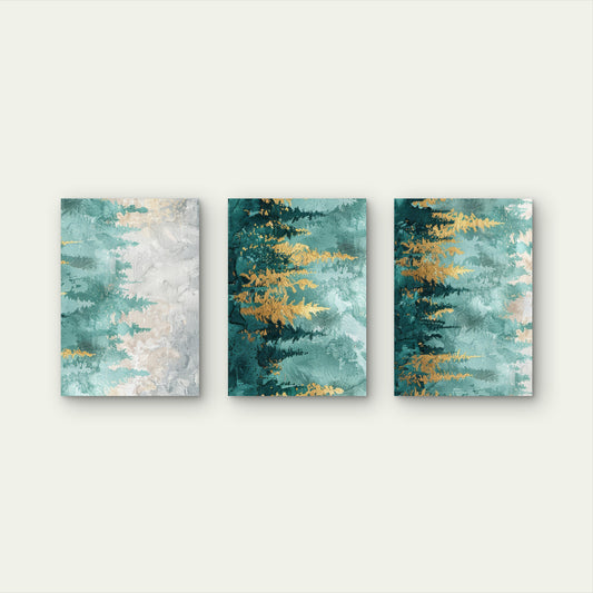 3pcs Abstract Teal Grey Gold Forest Wall Art Set Canvas Framed 50x70cm - High Quality Print 100% Australian Made Wall Canvas Ready to Hang