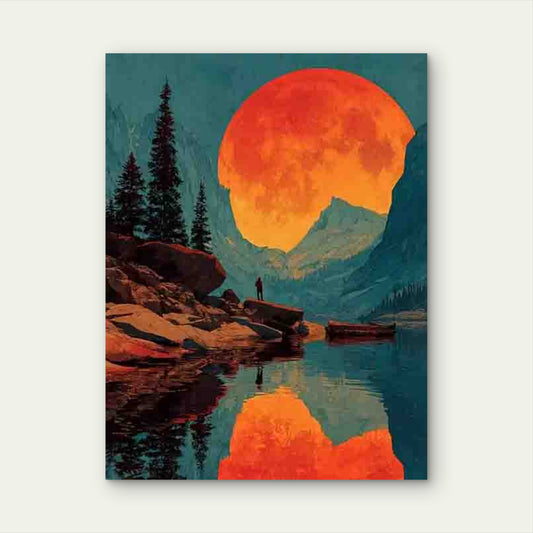 Red Moon Over Mountains Landscape 60x90cm Metal Print Ready to Hang