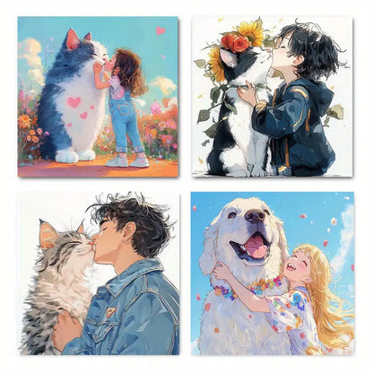 4pcs  Dogs Cats With Boys and Girls  Wall Art Canvas Framed