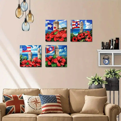 4pcsFrog In Flower Puerto Rico FlagWall Art Canvas Framed