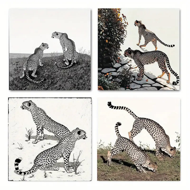4pcs Black And White Cheeta Picture Wall Art Canvas Framed