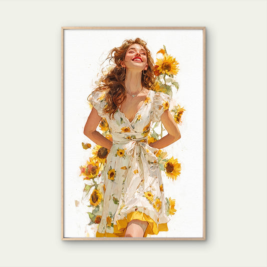 Happy Girl White Sundress Sunflower Field Premium quality Poster print choose your sizes (Copy)