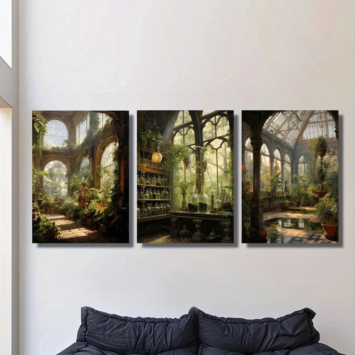 3pcs Botanical Garden with Stone Paths, Greenhouse Metal Print Ready to Hang Art