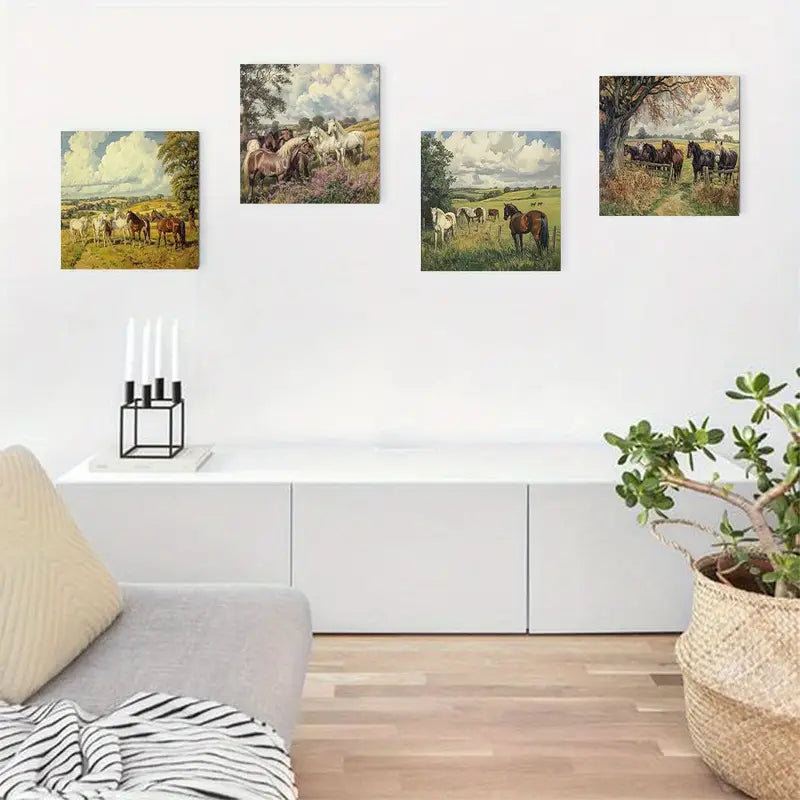 4pcs Antique Horse Scenes Wall Art Canvas Framed