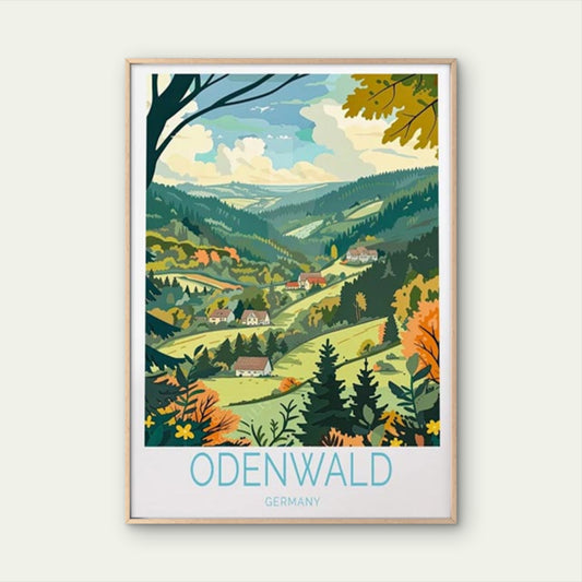 Odenwald Germany, Trees & Village Paint Travel Poster Print Wall Art