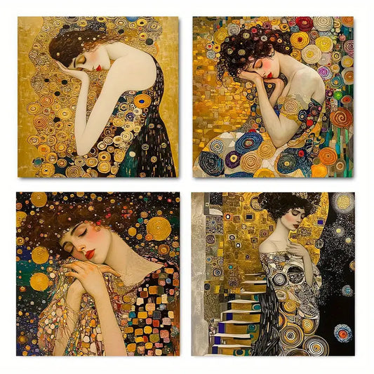 4pcs Featuring Elegant Women in Floral & Geometr  Wall Art Canvas Framed