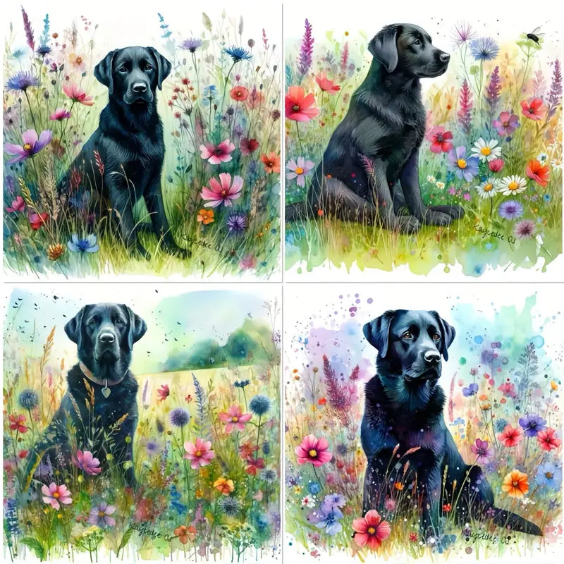 4pcs Black Dog In Floral Garden Wall Art Canvas Framed