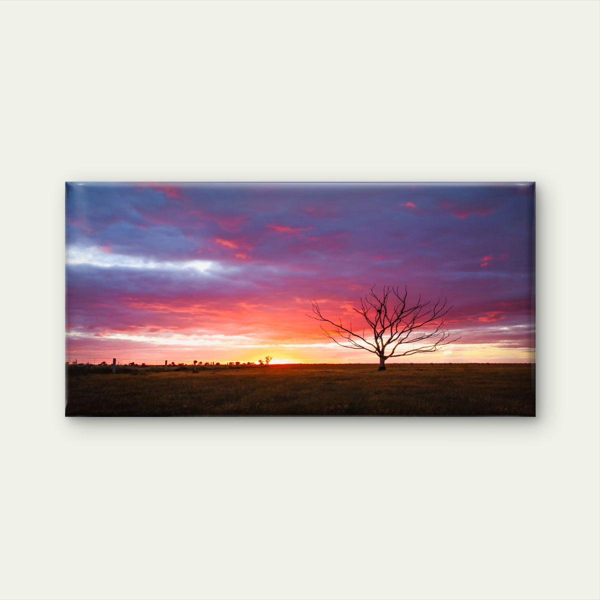 Field Covered Greenery With Bare Tree Cloudy Sky Pink Sunset Wall Art Canvas Office Home Room Framed 120x60cm
