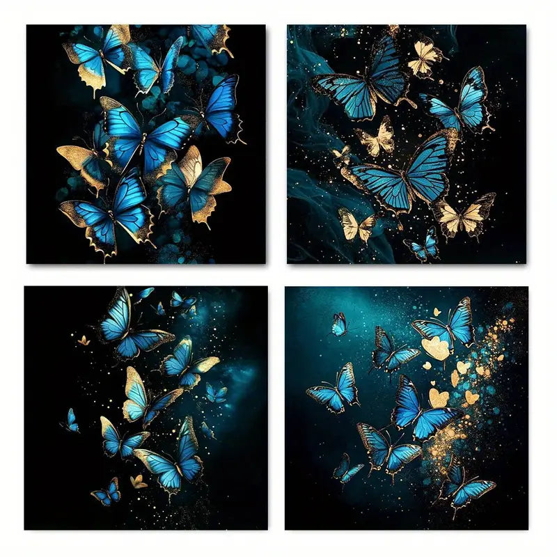 4pcsGolden Blue Butterfly Leaves Posters, Wall Art Canvas Framed