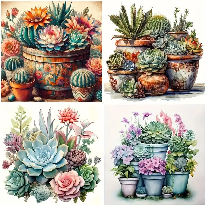 4pcs Cactus Flower Vase Wall Art Canvas Framed