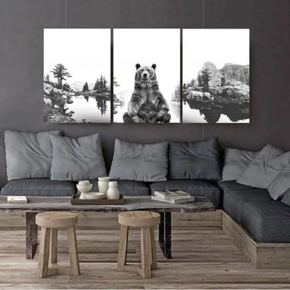 3pcs Grizzly Bear Black & White Nature Wall Art Set Canvas Framed 60x90cm - High Quality Print 100% Australian Made Wall Canvas Ready to Hang