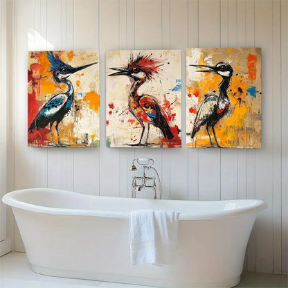 3pcs Abstract Birds with Vibrant Feathers & Bold Brushstrokes Metal Print Ready to Hang Art
