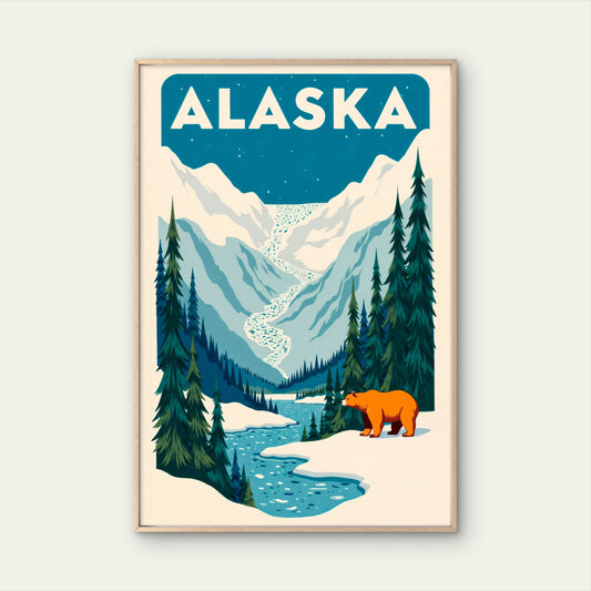 Alaska Wilderness Bear And Mountains Travel Poster Print Wall Art