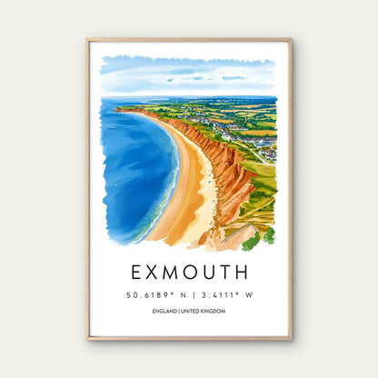 Exmouth Seaside Town Beach Cliffs View Travel Poster Print Wall Art
