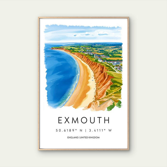 Exmouth Seaside Town Beach Cliffs View Travel Poster Print Wall Art