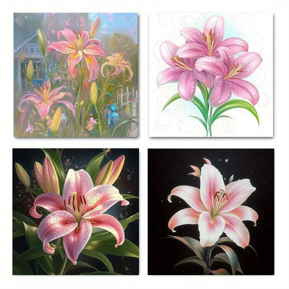 4pcs Vibrant Pink & White Lily Flower  Wall Art Canvas Framed