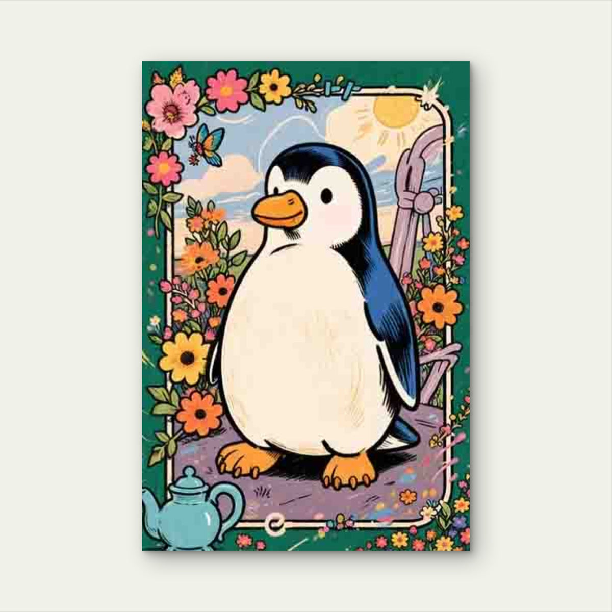 Penguin with Floral Patterns Metal Print Ready to Hang