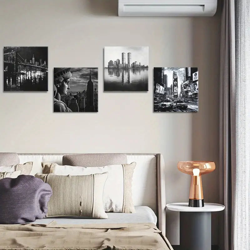 4pcs Skyline Poster, Statue Of Liberty Paintings Wall Art Canvas Framed