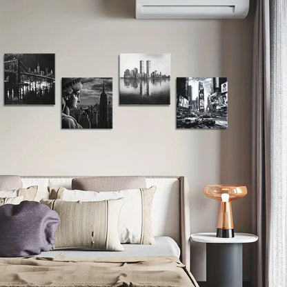 4pcs Skyline Poster, Statue Of Liberty Paintings Wall Art Canvas Framed