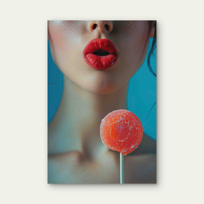 Woman With Red Lips Holding Lollipop Metal Print Ready to Hang