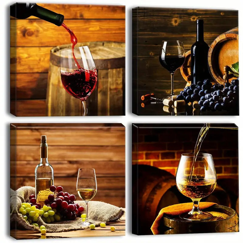 4pcs Wine Bottel Picture Painting Wall Art Canvas Framed