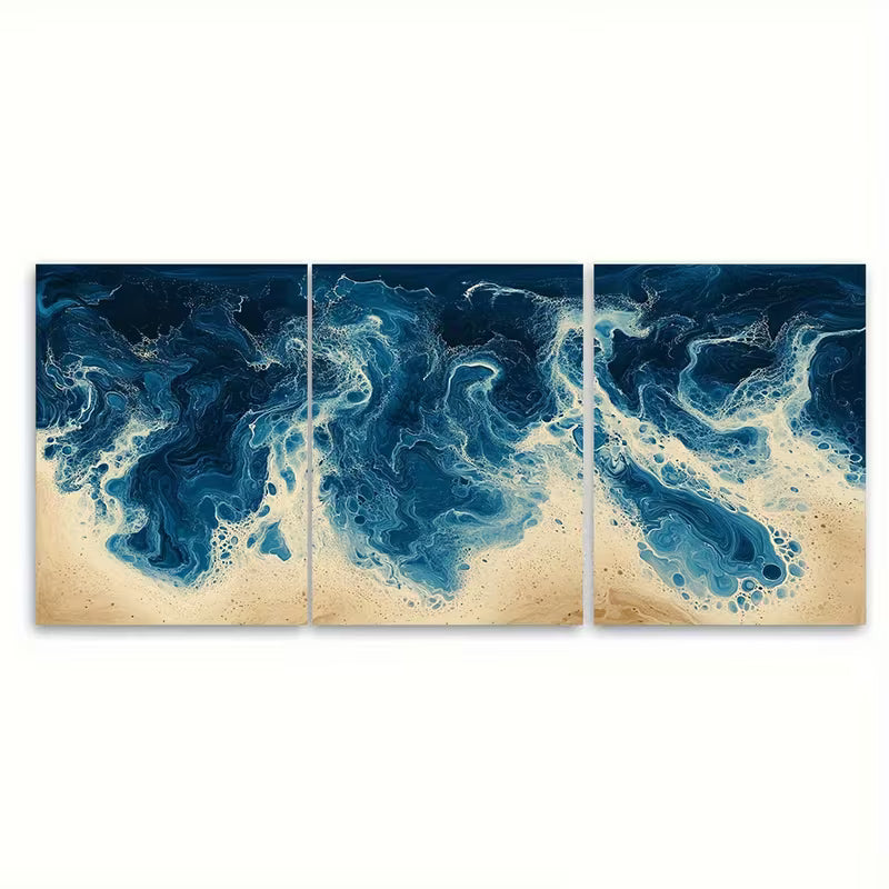 3pcs Cream and Blue Abstract Marbling Metal Print Ready to Hang Art