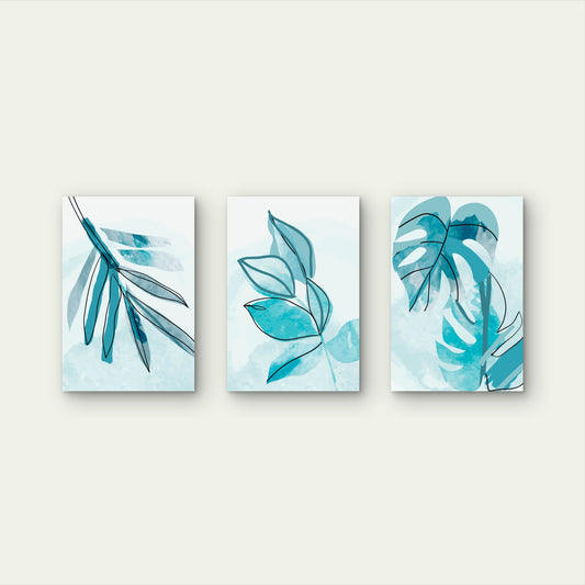 3pcs Teal Botanical Watercolor Leaf Wall Art Set Canvas Framed 40x60cm - High Quality Print 100% Australian Made Wall Canvas Ready to Hang