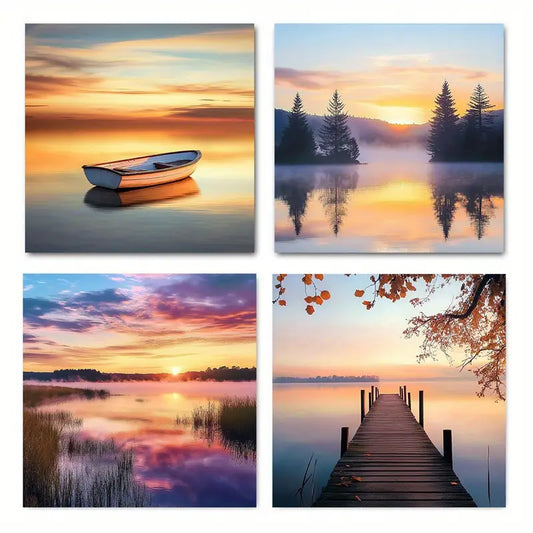 4pcs  Color Play Lake Scene Sunset Nature Wall Art Canvas Framed