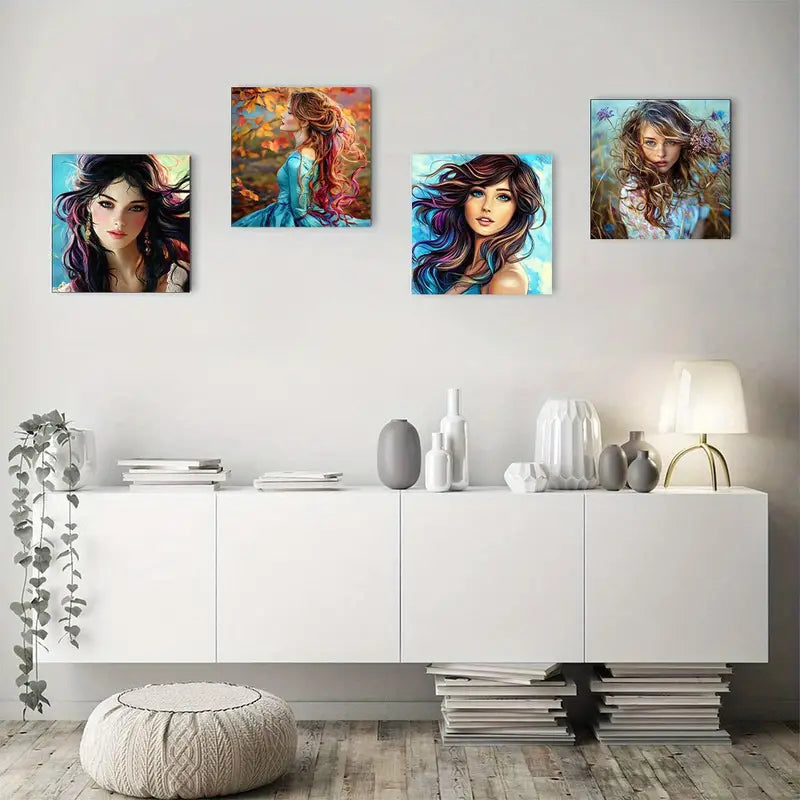 4pcs Girl With Colorful Hair Wall Art Canvas Framed