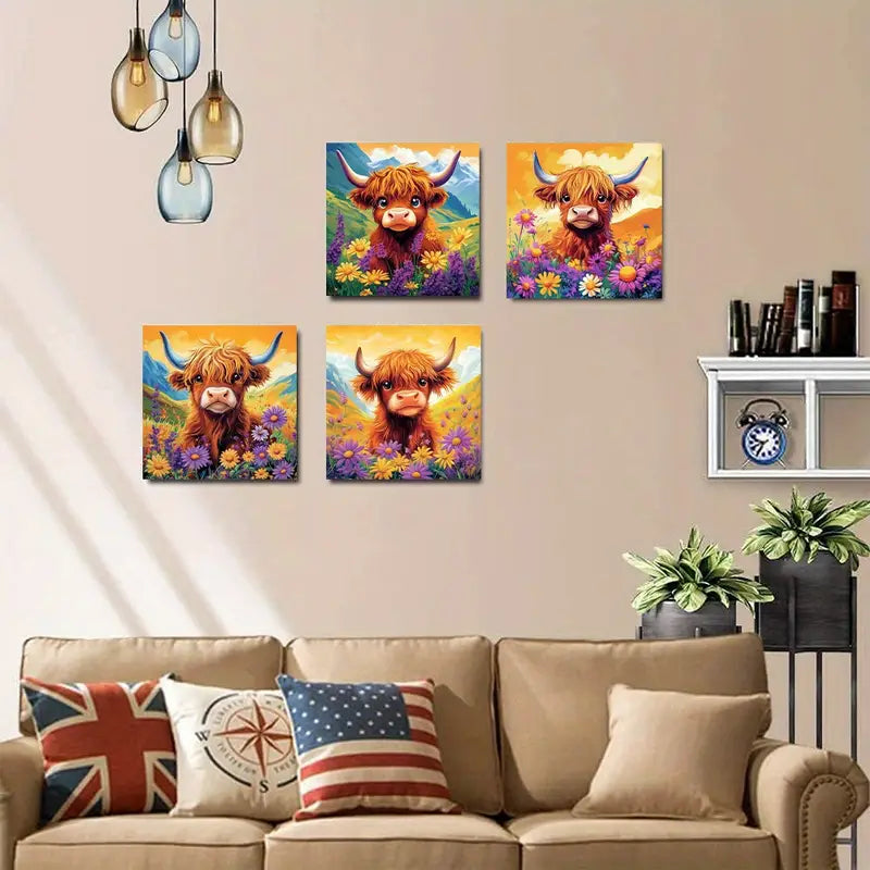 4pcs Highland Cow Flower Poster Wall Art Canvas Framed