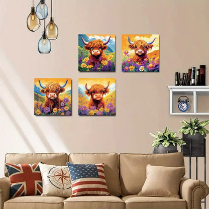 4pcs Highland Cow Flower Poster Wall Art Canvas Framed