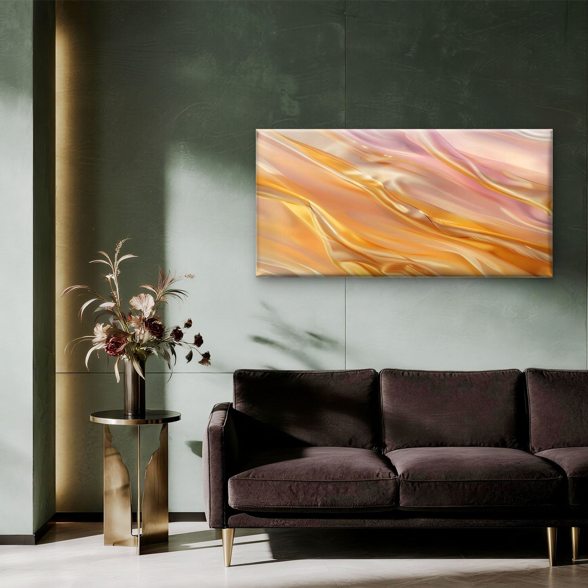 Peach Metallic Satin Ripple Wall Art Canvas Office Home Room Framed 120x60cm