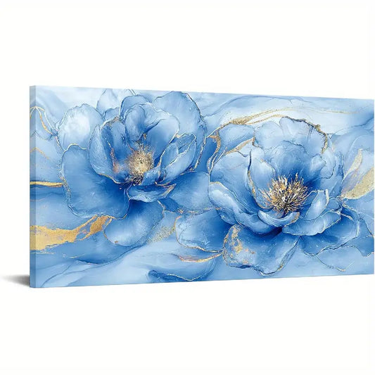 Abstract Flower Blue & Golden Floral Wall Art canvas office home room framed 120x60cm