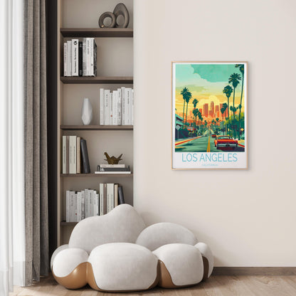 Los Angeles California, Palm Tree & Cars Travel Poster Print Wall Art