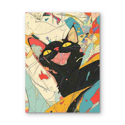 Smiling Black Cat with Yellow Eyes, Retro 60x90cm Metal Print Ready to Hang - Bella Home Decor