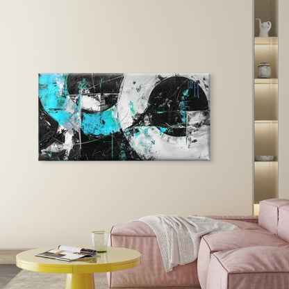 Abstract Blue And Black Circles Wall Art Canvas Office Home Room Framed 120x60cm