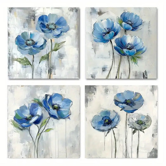 4pcs  Blue Floral Farmhouse Decor, Modern  kl   Wall Art Canvas Framed