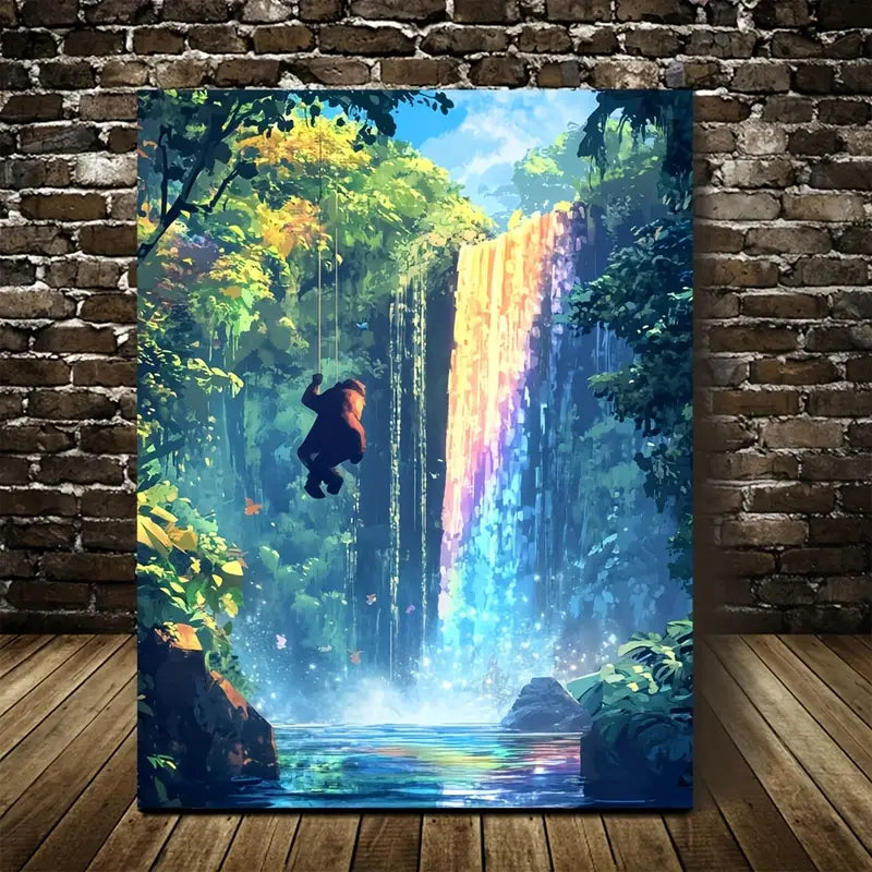 Cartoon Gorilla Swinging from Trees Waterfall with Rainbow 40x60cm Metal Print Ready to Hang