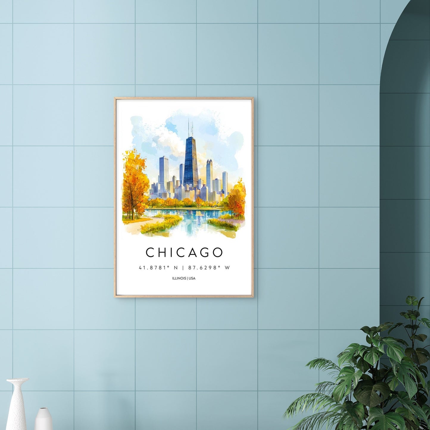 Chicago Illinois Skyline Watercolor Painting Travel Poster Print Wall Art