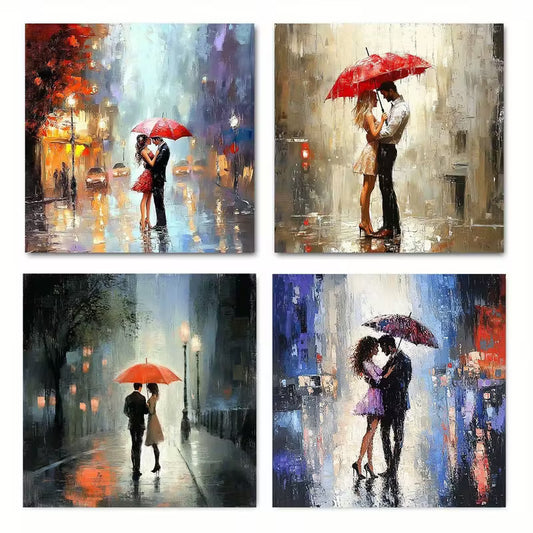 4pcs Romantic Lovers With Red Umbrellas Wall Art Canvas Framed